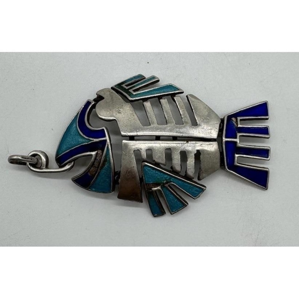 Vintage Italian 925 Sterling Silver Enamel Articulated Hinged Large Fish Pendant